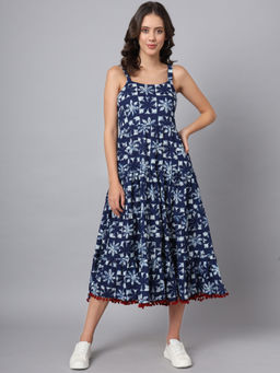 Divena - Indigo Printed Cotton Flared Dress
