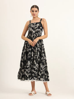 Divena - Black Floral Print Pure Cotton Fit and Flare Dress