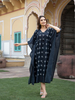 Divena - Black Print Pure Cotton Straight Kaftan Dress