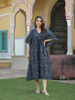 Divena - Black Print Pure Cotton Straight Kaftan Dress