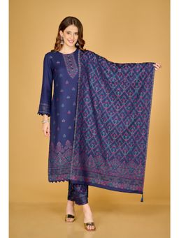 Safaa - Womens Navy Blue Acro Wool Woven Unstitched Suit and Dupatta (Set of 3)