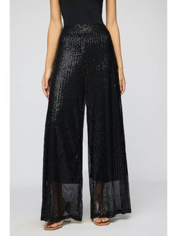 FREAKINS - Shimmering Noir Sequin Flare Fit Korean Pants