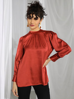 KOTTY - Womens Rust Satin Full Sleeves Solid Top