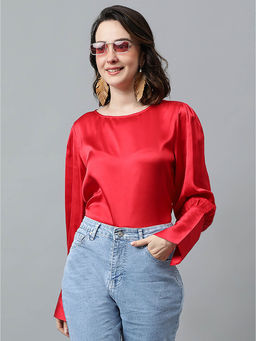 KOTTY - Womens Tomato Red Satin Full Sleeves Solid Top