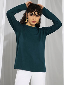 KOTTY - Womens Teal Green Satin Full Sleeves Solid Top