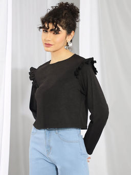 KOTTY - Womens Crow Black Satin Full Sleeves Solid Top