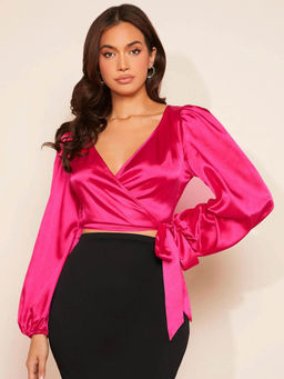 KOTTY - Womens Hot Pink Satin Full Sleeves Solid Crop Top