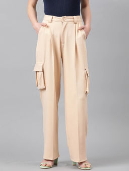 KOTTY - Womens High Rise Regular Fit Viscose Rayon Solid Trousers