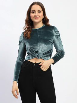 Madame - Wrap Detailed Puff Sleeves Teal Crop Top