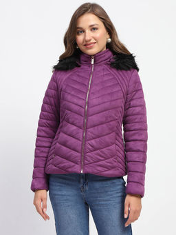 Madame - Fur Hooded Purple Quilted Jacket