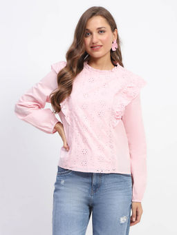 Madame - Schiffler Adorned Ruffle Neck Pink Cotton Top