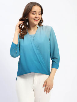 Madame - Teal Mandarin Neck Drape Top