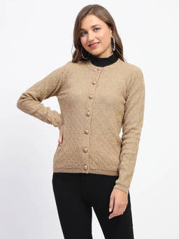 Madame - Self Design Brown Round Neck Cardigan