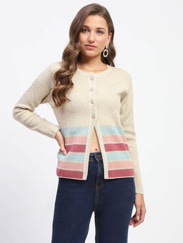 Madame - Beige Striped Buttoned Cardigan