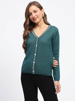 Madame - Self Design V Neck Green Cardigan