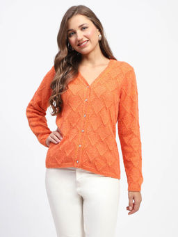 Madame - Self Design V Neck Orange Cardigan