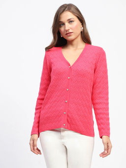 Madame - Pink Self Design V-Neck Cardigan