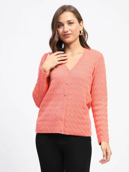 Madame - Peach Self Design V-Neck Cardigan