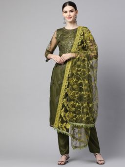 Readiprint - Semi-Stitched Anarkali Style Net Fabric Olive Kurta with Bottom & Dupatta (Set of 3)