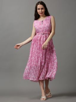 SHOWOFF - Women's Round Neck Embellished Pink Midi Dress (Set of 2)