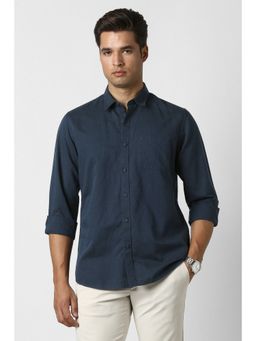 Peter England - Men Navy Blue Cotton Linen Full Sleeves Shirt