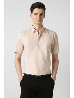 Peter England - Men Beige Cotton Blend Half Sleeves Shirt