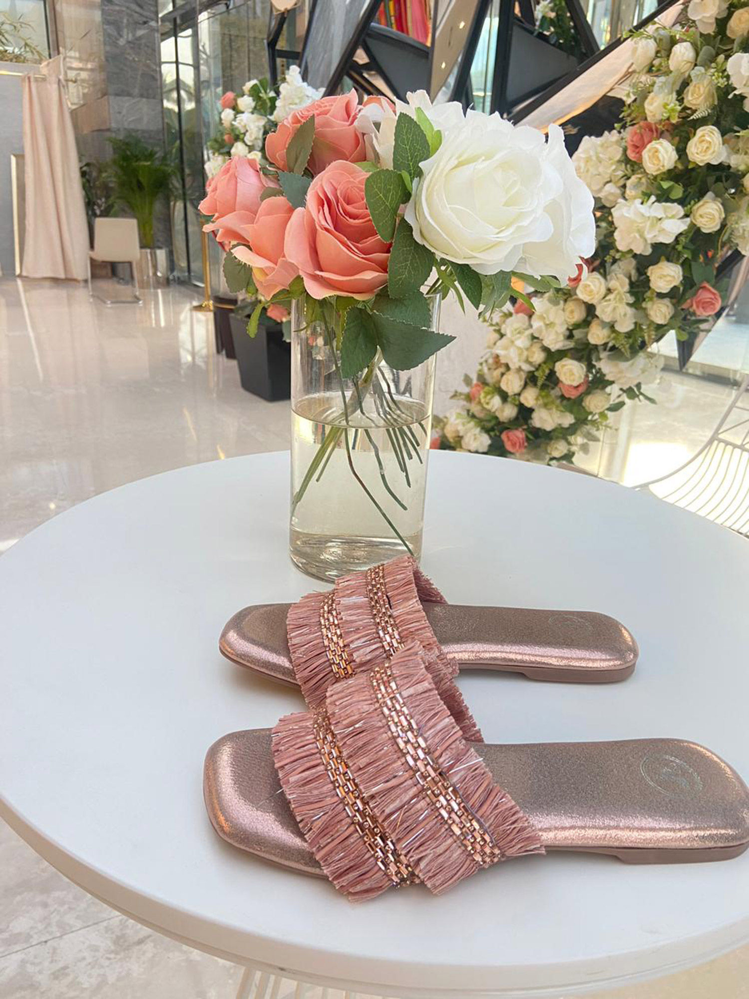 Buy Sana K Luxurious Footwear Rose Gold Frills Sliders Flat Sandals Online