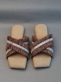Sana K Luxurious Footwear - Brown Jute Frills Sliders Flat Sandals