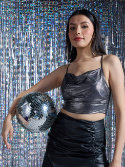 Twenty Dresses by Nykaa Fashion - Silver Solid Cowl Neck Strappy Crop Top