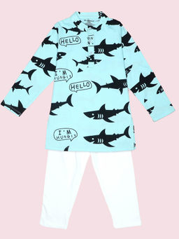 Be Awara - Shark Pattern Boys Blue Kurta Pyjama (Set of 2)