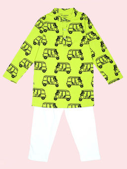 Be Awara - Auto Rickshaw Pattern Boys Green Kurta Pyjama (Set of 2)