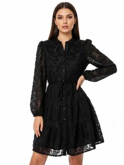 Outzidr - Black Textured Shirt Dress