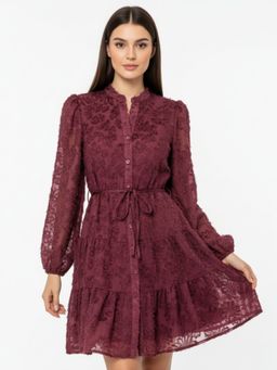 Outzidr - Wine Textured Shirt Dress