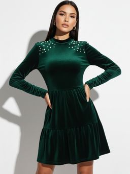 Outzidr - Dark Green High Neck Studded Evening Dress
