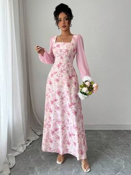 Outzidr - Pink Square Neck Balloon Sleeve Floral Dress