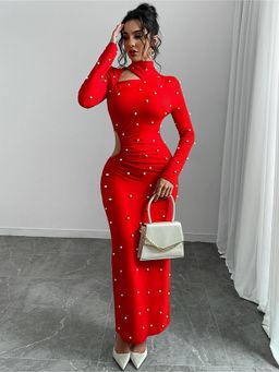 Outzidr - Red Full Sleeve Cut-Out Detail Mock Neck Dress