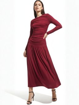 Outzidr - Red Fitted Waist Solid Flared Hem Dress