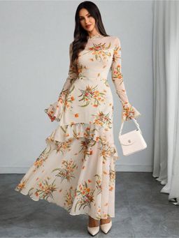 Outzidr - Off White Bell Sleeve Printed Ruffle Detail Dress