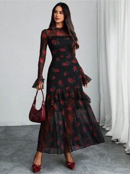 Outzidr - Black Bell Sleeve Printed Ruffle Detail Dress