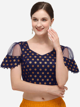 Amrutam Fab - Womens Jacquard Navy Blue Stiched Blouse With V Neck
