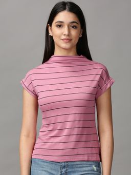 SHOWOFF - Womens Short Sleeves High Neck Mauve Striped Top
