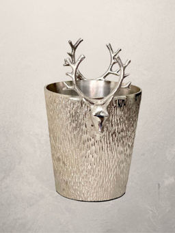 CasaGold - Silver Stag Head Wine Cooler - Ice Bucket | Nickel Aluminium Plated with Brass Textured Finish