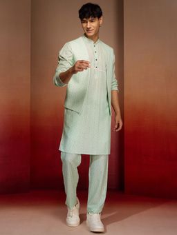 Vastramay - Mint Green Linen Kurta with Jacket & Pant