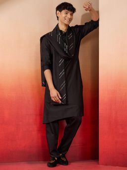 Vastramay - Black Silk Kurta with Pant & Mirror Work Dupatta