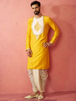Vastramay - Men Yellow Viscose Embroidered Patch Work Kurta & Dhoti