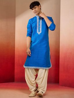 Vastramay - Blue Phantom Silk Hand Embroidered Kurta with Patiala