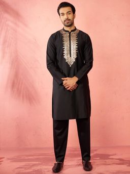 Vastramay - Black Fine Satin Kurta with Pant