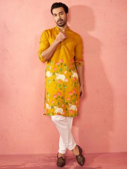 Vastramay - Mustard Silk Digital Print Kurta with Pant