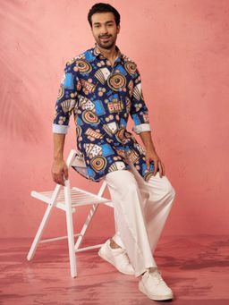 Vastramay - Blue Rayon Slub Digital Print Kurta with Pant