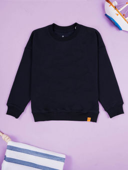KiddoPanti - Navy Blue Solid Fleece Round Neck Sweatshirt